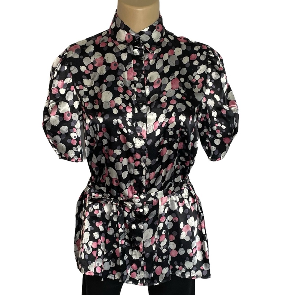 Studio 1940 Short Sleeve Blouse Button Down Black Abstract Dots Size Medium